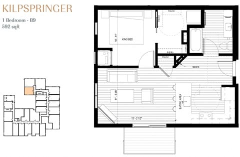 Floor plan for 1 bed, 1 bath, 592 sqft